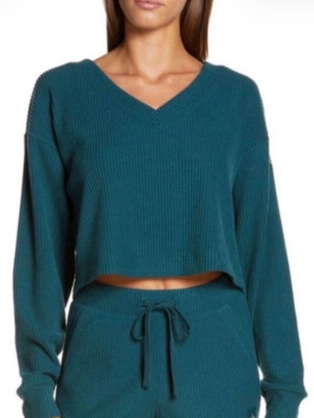 ALO Yoga Teal Ribbed V-Neck Cropped Sweater